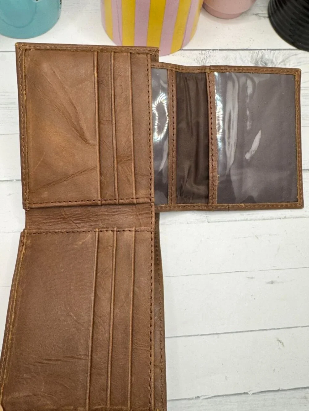 ZEP-PRO Brown Leather Mens Bifold Wallet With Card Slots & Clear ID Windows